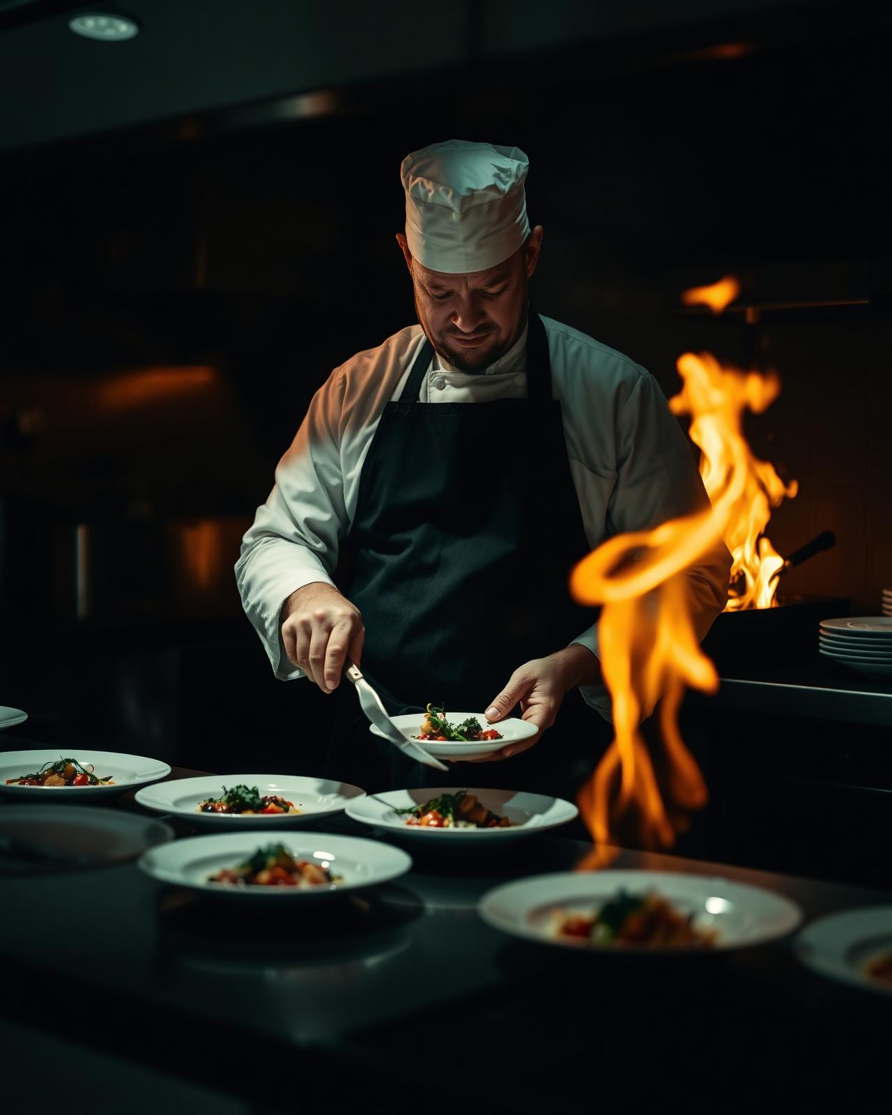Chef plating fresh food in kitchen